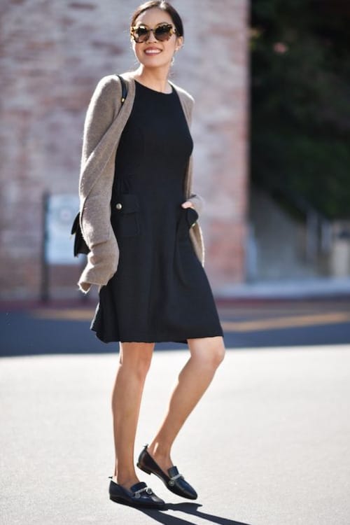 what to wear if you can't wear heels black leather loafer summer dress outfit classy flat shoe.png