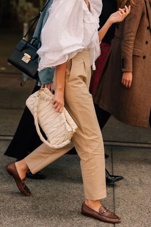 what to wear if you can't wear heels brown leather loafer pants summer outfit classy flat shoe