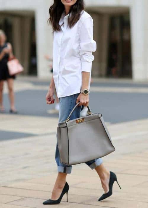 how to wear heels casually keep outfit simple but classy white shirt