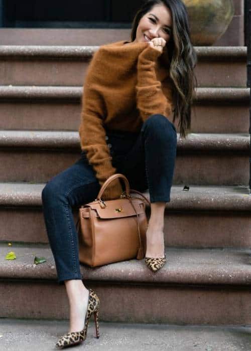 how to wear heels casually statement leopard print heels casual sweater outfit