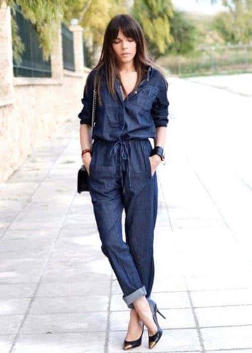 how to wear heels casually with denim jumpsuit outfit