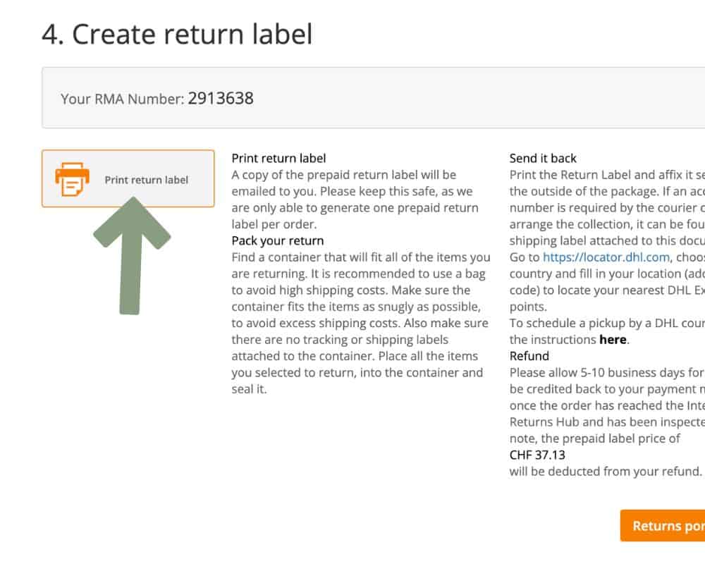 screenshot of how to create a return shipping label for lulus