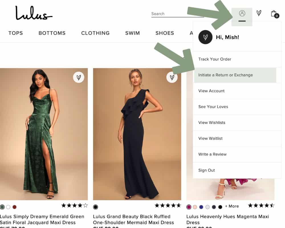 screenshot of lulus website with arrows pointing to where you need to click to initiate a return