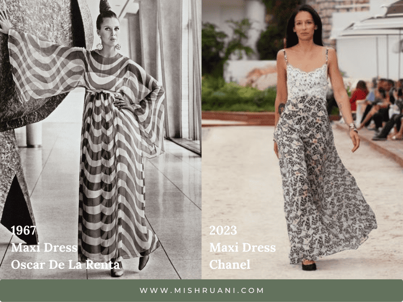 maxi dresses in style 1967 oscar de la renta summer collection maxi dress and 2023 runway Chanel maxi dress