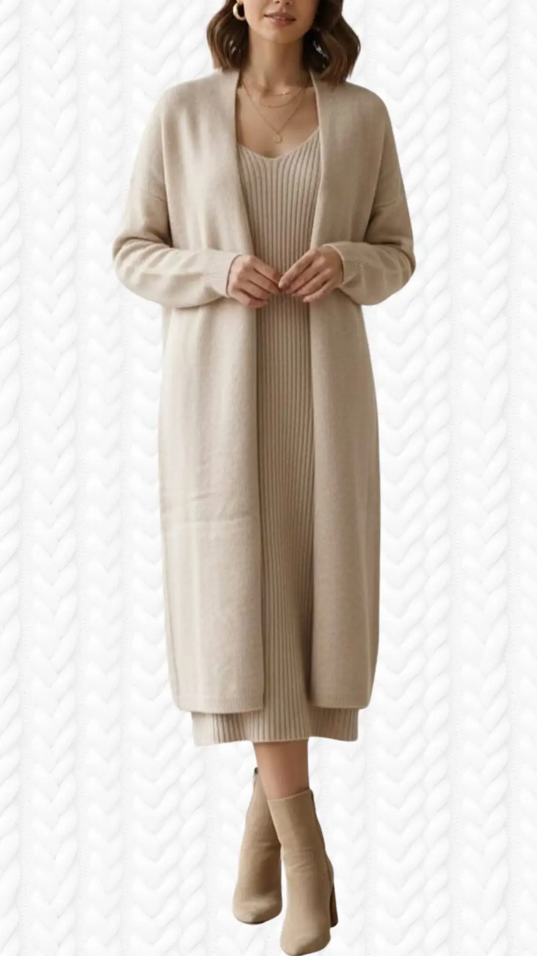 A soft, beige long cardigan drapes elegantly over a matching ribbed knit dress, featuring a deep V-neckline and fitted silhouette. The cardigan has long sleeves and an open front, complementing the dress’s texture while stylishly paired with beige ankle boots. Subtle layering and a cohesive color palette create a warm, sophisticated look.