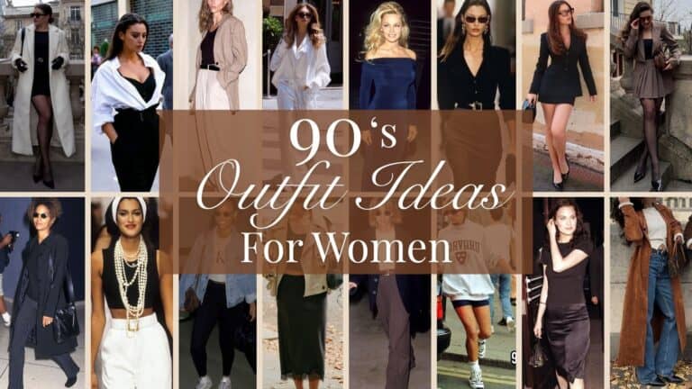 The outfits feature a mix of tailored blazers in structured silhouettes, paired with fitted tops or dresses in rich, dark colors, conveying sophistication. Light fabrics like cotton or silk are complemented by statement accessories, such as bold sunglasses and layered necklaces, enhancing the chic 90s aesthetic while remaining timelessly stylish. Key elements like high-waisted trousers and sleek pumps contribute to a polished yet wearable look that avoids a themed appearance.