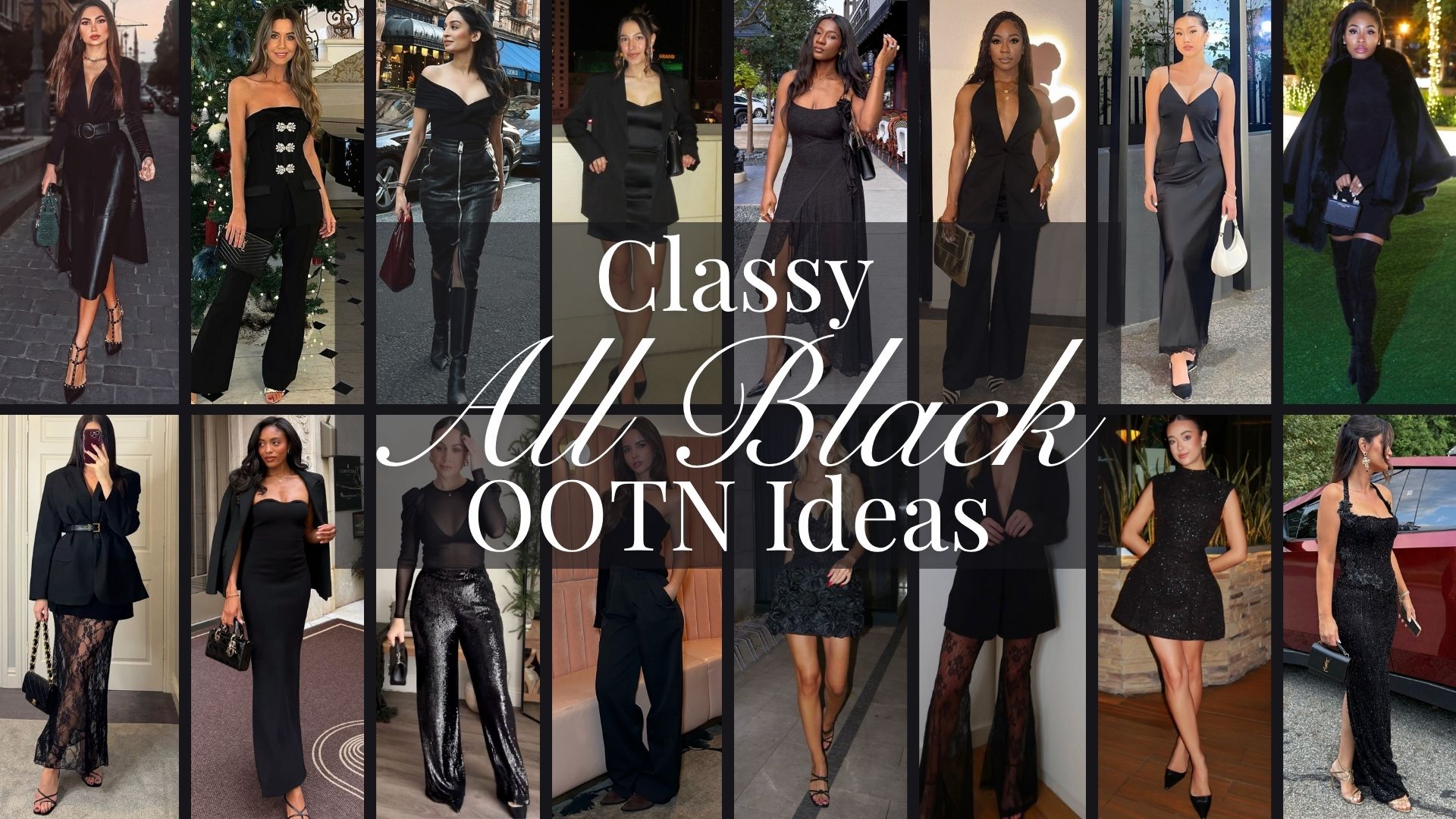 The images showcase a variety of classy all-black outfits suitable for winter evenings, featuring diverse styles like tailored jumpsuits, elegant maxi dresses, and chic mini dresses. Fabrics range from glossy satin and soft lace to textured sequins, while silhouettes include form-fitting designs, dramatic sleeves, and flowing cuts, each enhanced by refined details such as off-the-shoulder necklines, structured blazers, and tasteful accessories like statement belts and handbags. These versatile and sophisticated pieces create an alluring aesthetic perfect for birthday parties or romantic date nights.