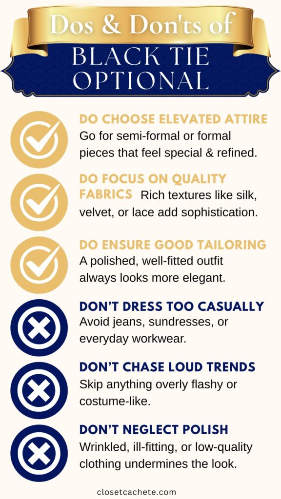 A visually appealing infographic titled "Dos & Don'ts of Black Tie Optional" features a gold and navy color scheme with icons. The "Dos" section highlights three tips marked with check marks, emphasizing elevated attire, quality fabrics, and good tailoring. The "Don'ts" section outlines three tips marked with crosses, advising against overly casual clothing, chasing loud trends, and neglecting polish.