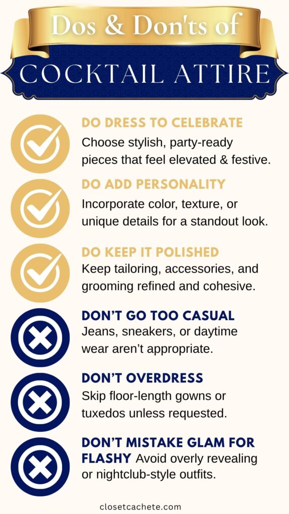 A visually organized list titled "Dos & Don'ts of Cocktail Attire" features a decorative banner at the top. The "Dos" section includes three key affirmations about dressing festively, adding personal style, and maintaining a polished look, each marked with a checkmark. The "Don'ts" section outlines three cautions against dressing too casually, overdressing, and confusing glam with flashy outfits, each marked with an "X." The design uses clear typography and a soft color palette to enhance readability.