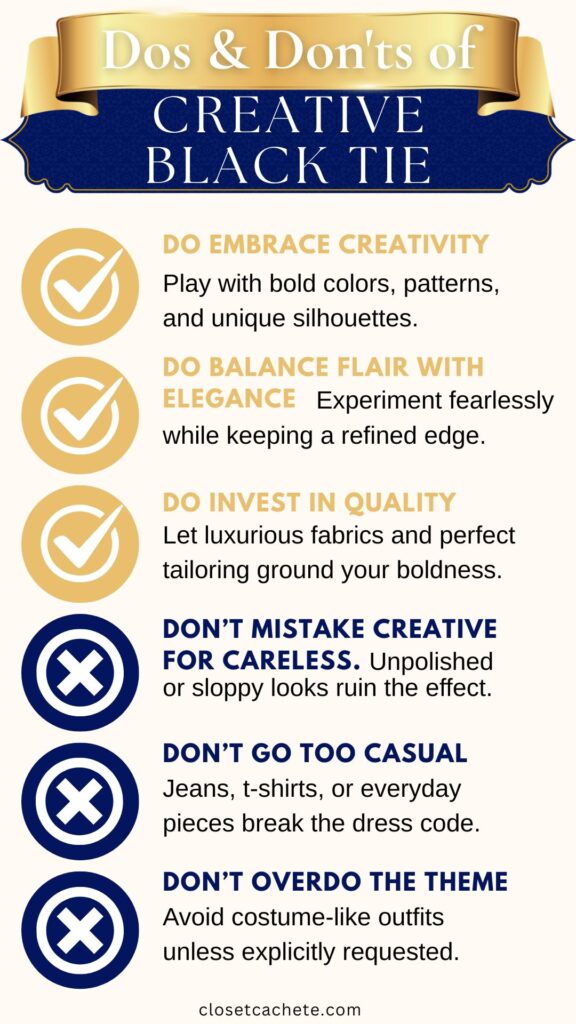 A graphic featuring a list of dos and don’ts for the "Creative Black Tie" dress code. The "Dos" include embracing creativity, balancing flair with elegance, and investing in quality, each accompanied by a check mark. The "Don'ts" caution against confusing creative with careless, going too casual, and overdoing the theme, each marked with a cross.