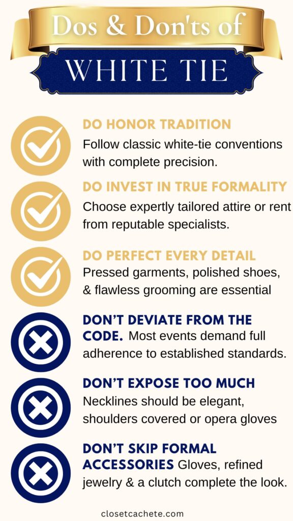 A graphic displaying the dos and don'ts for "White Tie" dress code, featuring three points highlighted with checkmarks under "Do" and three points marked with crosses under "Don't." The top section emphasizes tradition, investing in formal attire, and perfecting details, while the bottom advises against deviating from the dress code, exposing too much skin, and skipping essential accessories.