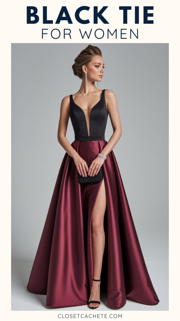 A woman models a black and burgundy evening gown featuring a plunging neckline and a thigh-high slit. She holds a small black clutch and wears elegant accessories, including a bracelet and statement earrings. The background is a smooth gray, enhancing the gown's rich colors and sophisticated design.