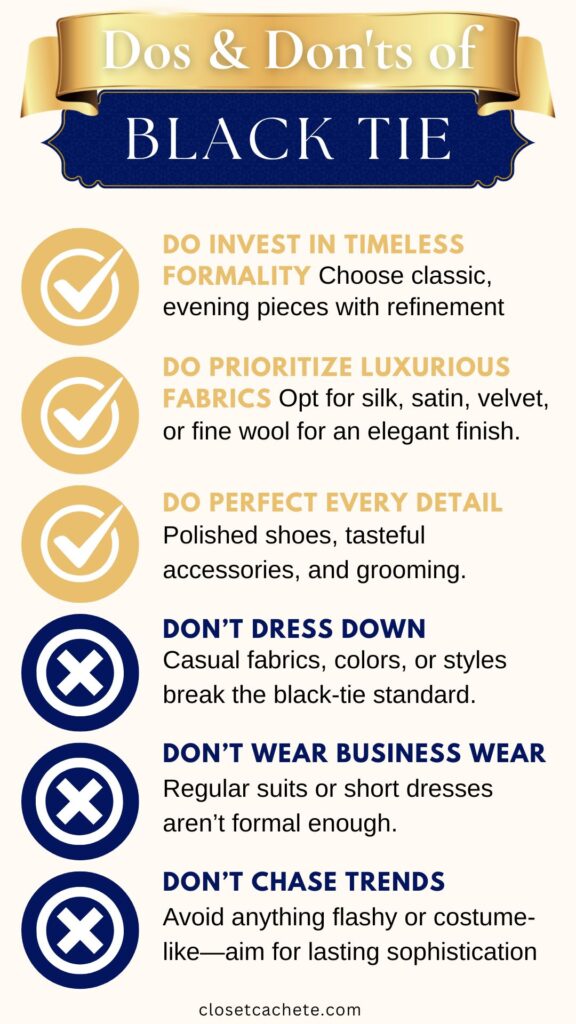 A list of dos and don'ts for black tie dress codes is displayed. The dos include investing in timeless formality, prioritizing luxurious fabrics, and perfecting every detail, each accompanied by a checkmark icon. The don'ts highlight what to avoid: dressing down, wearing business attire, and chasing trends, each paired with a cross icon.