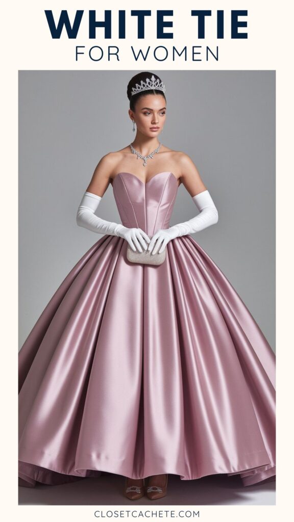 A model wearing a strapless, blush pink ball gown stands elegantly, highlighting its voluminous skirt and satin fabric. She accessorizes with long white gloves, a tiara, and a sparkling clutch, creating a sophisticated white tie look. The background is a soft gray, emphasizing the outfit's details.