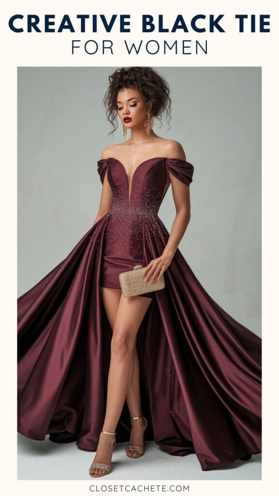A woman stands confidently in a strapless burgundy dress adorned with shimmering embellishments, featuring a fitted bodice and a flowing skirt that drapes elegantly to the side. She holds a sparkling gold clutch and wears strappy heels, her hair styled in soft waves with statement earrings. The background is a muted gray, enhancing the richness of her outfit.