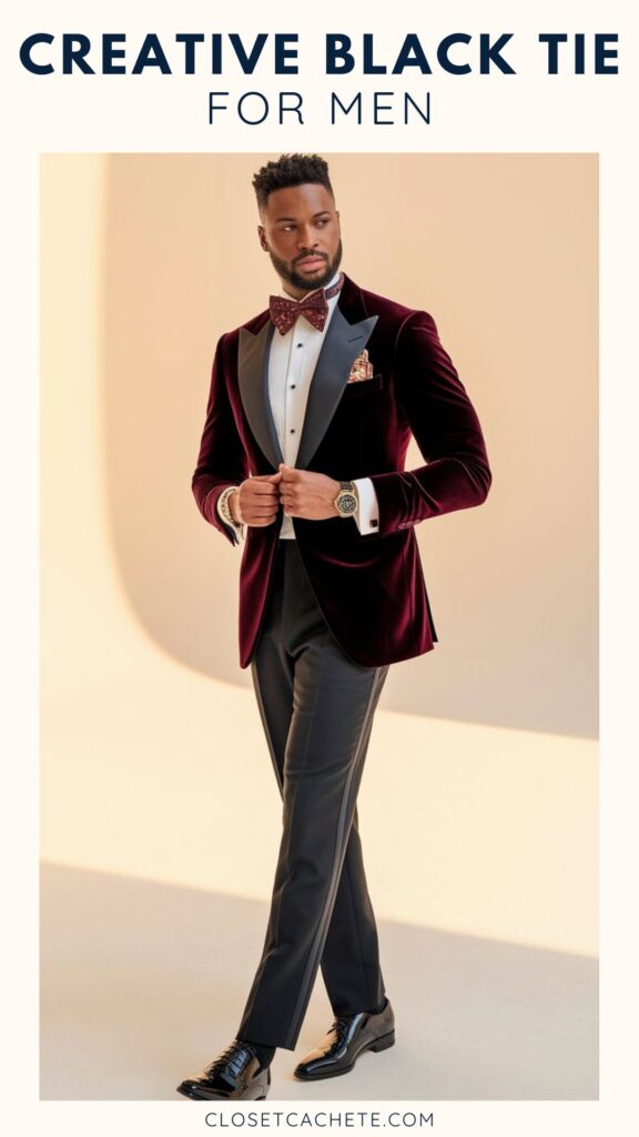 A man in a burgundy velvet tuxedo jacket and matching bow tie stands confidently, with his hands clasped in front. He wears a white dress shirt with a subtle pleat and tailored black trousers, complemented by shiny black dress shoes. A pocket square adds a touch of elegance, and he accessorizes with a stylish watch.
