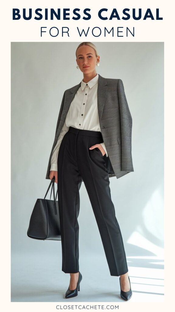 A woman stands confidently in business casual attire, featuring a gray plaid blazer over a white button-up shirt, paired with tailored black trousers. She is holding a large, textured black handbag and wears sleek black heels, with soft lighting casting subtle shadows in the background.