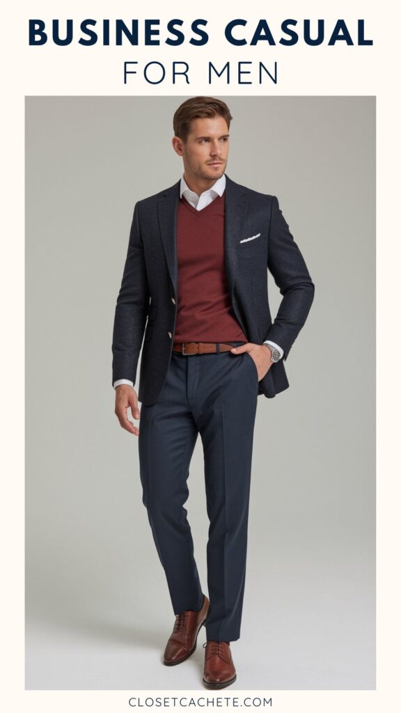 A man stands confidently in a business casual outfit, featuring a dark blazer over a maroon sweater, paired with tailored navy trousers. He wears brown dress shoes and a watch, with a well-groomed hairstyle, presenting a polished and sophisticated look. The background is neutral, focusing attention on his attire.