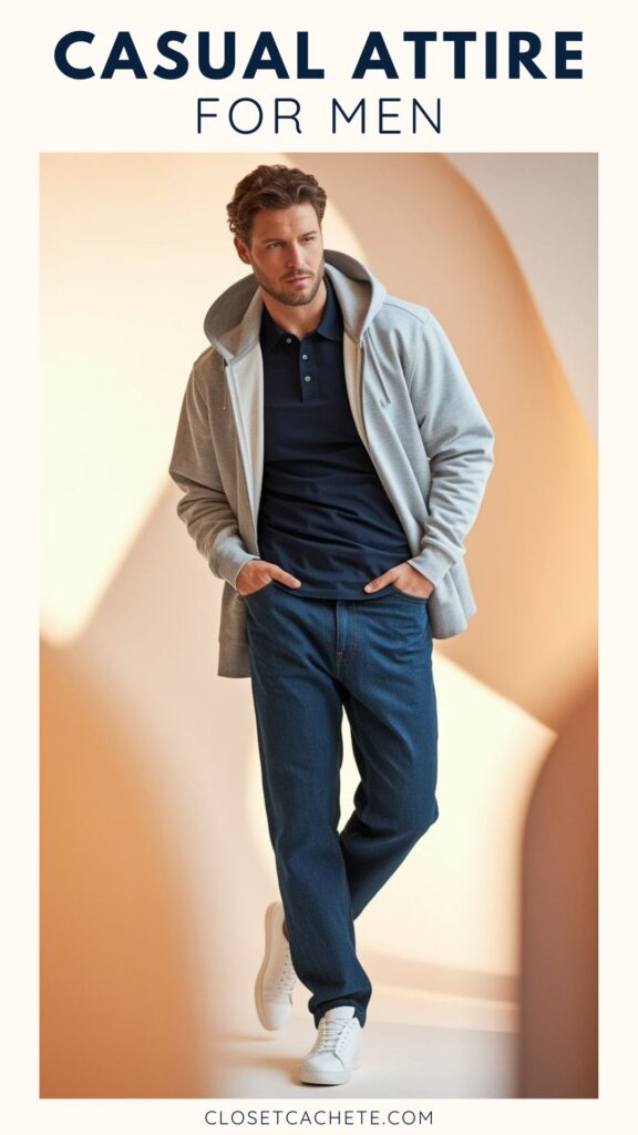 A man is modeling casual attire, featuring a navy polo shirt underneath a light gray zip-up hoodie. He pairs this outfit with dark blue jeans and white sneakers, standing confidently against a soft, warm-toned background that enhances the overall relaxed look.