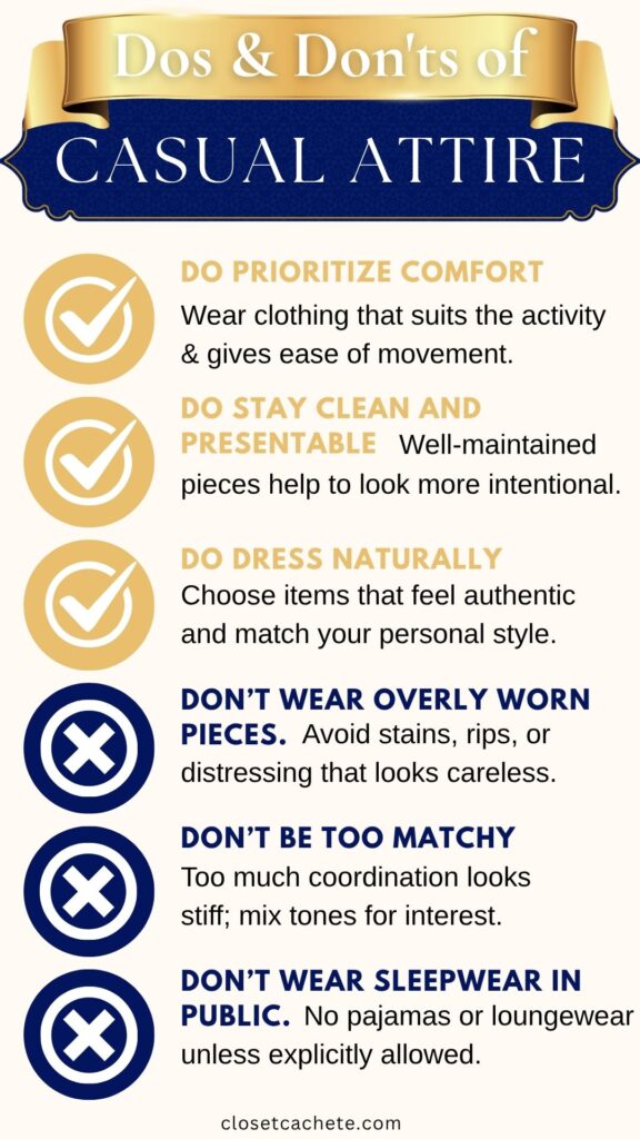 An illustrated guide lists the dos and don'ts of casual attire. The "Dos" section, marked with green checkmarks, emphasizes comfort, cleanliness, and authenticity in clothing choices. The "Don'ts" section, indicated by red crosses, advises against wearing overly worn items, being too matchy, and using sleepwear in public.