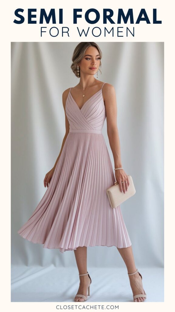A woman stands elegantly in a semi-formal light pink pleated dress with a fitted bodice and a flowing skirt. She accessorizes with a small beige clutch and strappy nude high heels, showcasing a sophisticated look enhanced by delicate jewelry. The background features a soft, neutral tone that complements the dress.