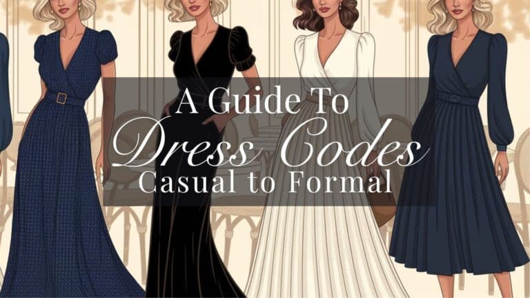 The image features four fashionable women wearing different dress styles, showcasing a variety of dress codes from casual to formal. The dresses include a navy polka dot wrap dress, a black fitted dress, a classic white gown, and a pleated navy dress, all set against a light, elegant background. The title "A Guide To Dress Codes Casual to Formal" is prominently displayed over the image in an elegant, bold font.