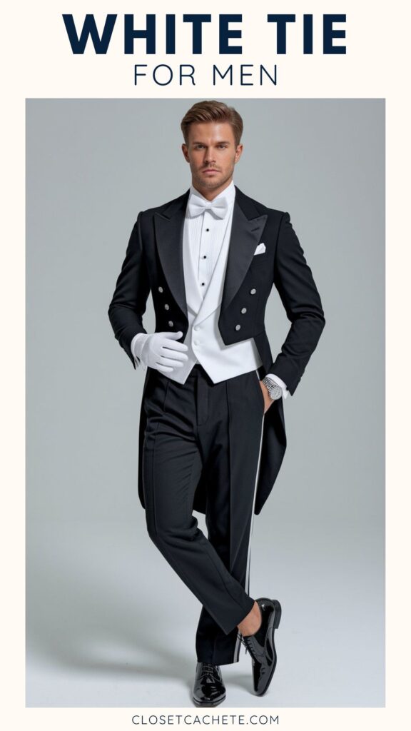A man is dressed in a formal black white-tie outfit featuring a tailcoat, a white vest, and a bow tie, complemented by white gloves and polished black shoes. He stands confidently with one hand on his hip and the other in his pocket, against a soft gray background. The image emphasizes a refined and sophisticated look, ideal for formal occasions.
