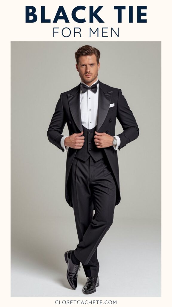 A man in a formal black tuxedo stands confidently, wearing a bow tie and a white dress shirt with subtle pleating. His polished black shoes reflect light, and he adjusts his jacket while showcasing a classic white pocket square. The background is a soft gray, emphasizing the elegance of his attire.