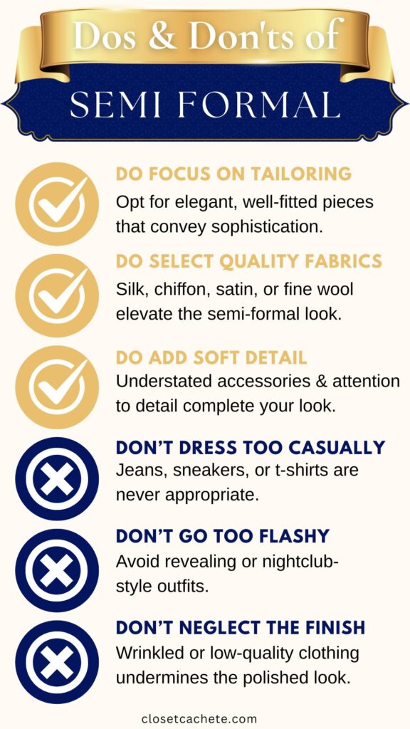 A list titled "Dos & Don'ts of Semi Formal" features highlighted text instructing on appropriate attire choices. The "Do" section includes advice on tailoring, selecting quality fabrics like silk and chiffon, and adding soft details. The "Don't" section cautions against overly casual clothing, flashy outfits, and wrinkled or low-quality garments.