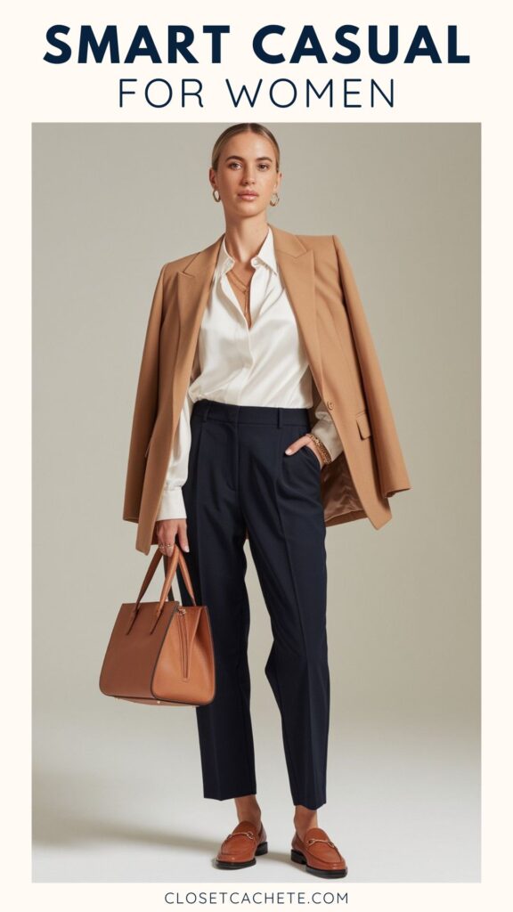 A woman stands confidently in a smart casual outfit featuring a tan blazer over a white blouse and navy tailored pants. She holds a brown leather handbag and wears matching loafers, exuding a polished and sophisticated look suitable for various occasions. The background is a soft, neutral color that highlights the ensemble.
