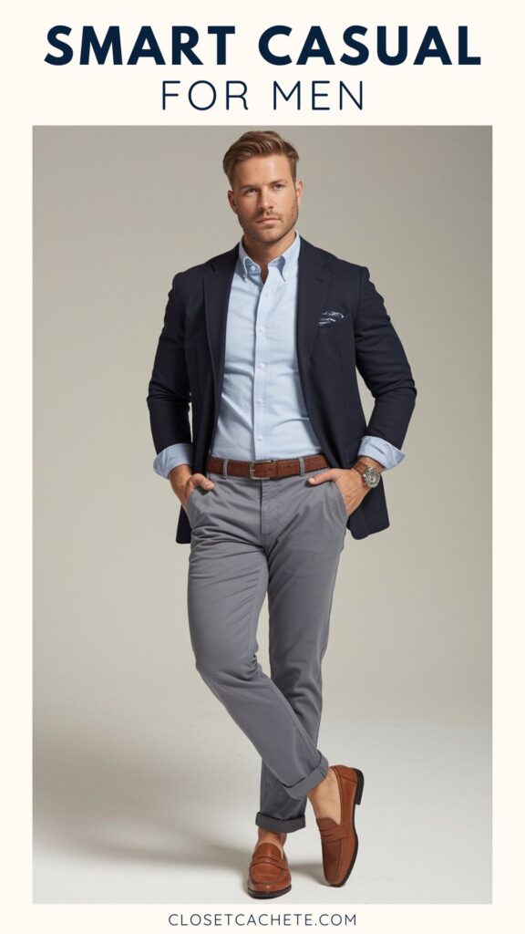 A man dressed in a navy blazer over a light blue dress shirt stands confidently with his hands in his pockets. He pairs the outfit with gray trousers and brown loafers, conveying a polished smart casual look. The background is a neutral tone, enhancing the overall style of the ensemble.