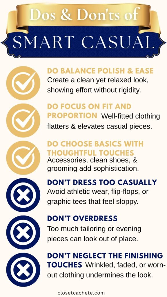 The image presents a list of dos and don'ts for smart casual dress codes. It outlines three positive guidelines for dressing appropriately, including balancing polish with ease, focusing on fit and proportion, and choosing thoughtful accessories, alongside three cautionary points against dressing too casually, overdressing, and neglecting finishing touches. Each guideline is visually marked with check and cross icons to distinguish between recommendations and advice to avoid.