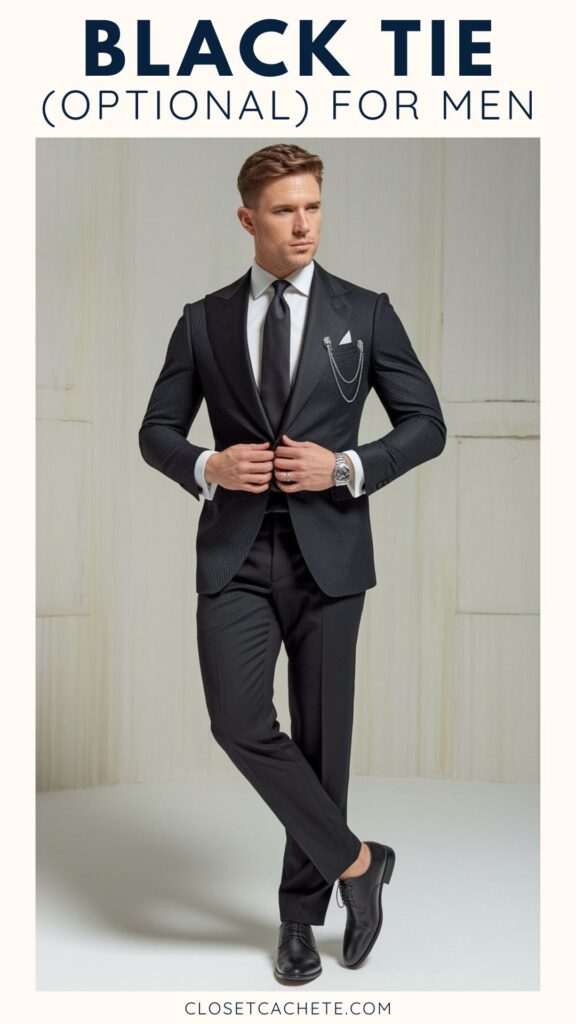 A man poses in a stylish black tuxedo featuring a textured fabric and satin lapels, complemented by a black tie and a silver watch. He stands confidently, with his hands clasped at his waist, showcasing tailored black trousers and polished black shoes. The background is a soft, neutral color that highlights the elegance of his outfit.