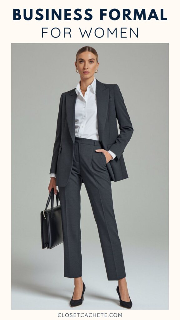A woman stands confidently in a tailored dark gray business suit, featuring a structured blazer and fitted trousers. She wears a crisp white shirt underneath, accessorized with subtle earrings, and holds a black handbag. The background is a soft gray, enhancing her professional look.