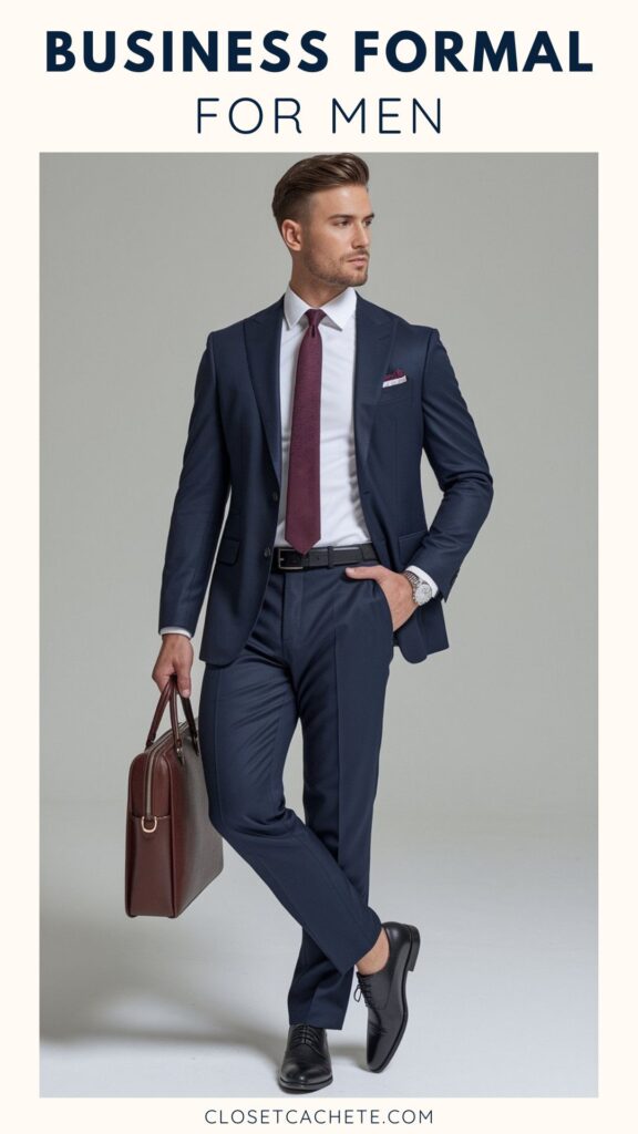 A man in a tailored navy suit with a white dress shirt and a burgundy tie stands confidently, holding a brown leather briefcase in one hand. He features a modern hairstyle and accessorizes with a watch, while posing against a neutral background. A red pocket square adds a touch of elegance to his business formal attire.