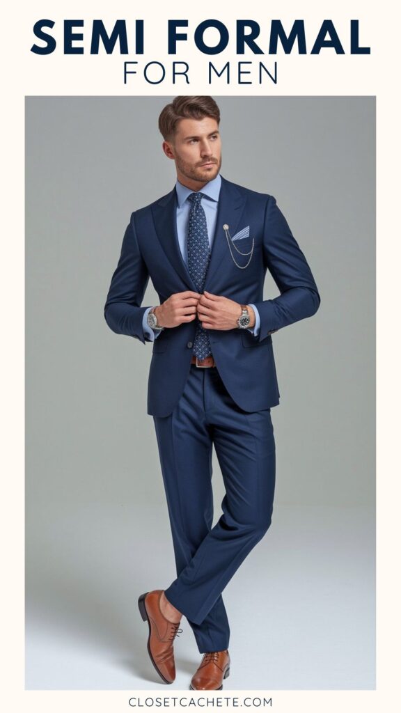 A man in a tailored navy blue suit stands confidently with his hands adjusting the jacket. He wears a light blue shirt and a patterned tie, complemented by a pocket square and brown leather shoes. The background is a muted gray, enhancing the professional look of his semi-formal attire.