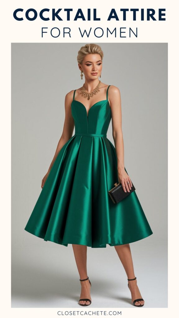 A woman poses in a vibrant emerald green cocktail dress with a fitted bodice and full skirt, complemented by strappy black heels and a sleek black clutch. She accessorizes with a gold necklace and earrings, her hair styled in soft waves. The background is a neutral gray, highlighting her elegant attire.