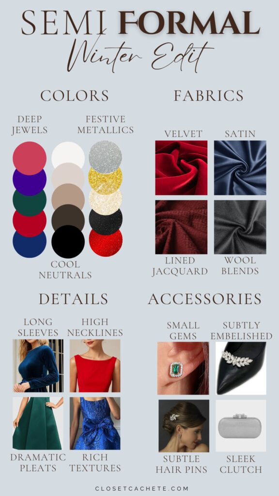 A chart titled "Semi Formal Winter Edit" features a layout divided into four sections: colors, fabrics, details, and accessories. Color swatches include deep jewel tones and festive metallics, while fabric options showcase textures like velvet and satin. The details section highlights long sleeves and high necklines, accompanied by accessory suggestions such as small gems and sleek clutches.