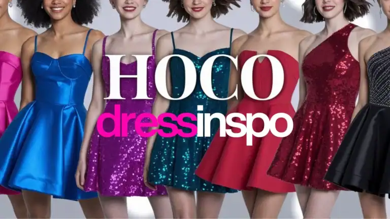 A collection of vibrant homecoming dresses showcases diverse styles, including a bold blue satin fit with a sweetheart neckline and a flared skirt, a glitzy teal sequined option with adjustable thin straps, and a striking red dress featuring a structured bodice and a voluminous silhouette. The dresses display a variety of colors, such as bright pink, deep purple, and classic black, each designed to enhance the figure with playful yet elegant fits. Each dress offers a unique blend of glamour and comfort, perfect for celebrating special occasions.