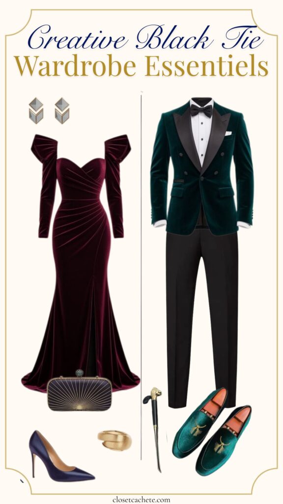 The image showcases a creative black tie outfit featuring a deep burgundy, form-fitting evening gown with elegant puff sleeves, alongside a sophisticated green velvet tuxedo jacket paired with sleek black trousers. Accessories include geometric earrings, a gold bracelet, a stylish clutch bag, and embellished green loafers, creating a polished and visually striking ensemble suitable for formal occasions.