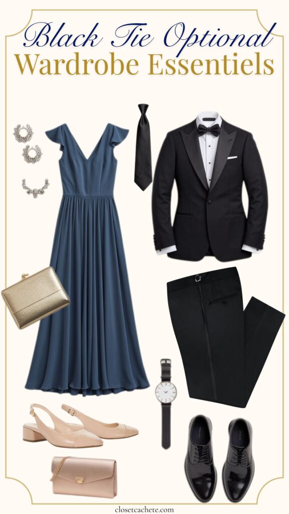 A flowing dark blue gown with a V-neckline is paired with a black tuxedo jacket and formal black trousers, emphasizing a polished look. Accessorized with silver hoop earrings, a gold clutch, and beige slingback heels, the ensemble balances elegance and sophistication. A classic black tie and a wristwatch complete the outfit for a refined black tie optional occasion.