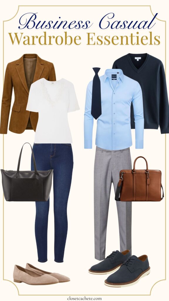The image features a business casual wardrobe essentials layout, showcasing structured pieces like a brown blazer, a white top, and a blue dress shirt, paired with tailored grey trousers and dark denim jeans. Accessories include a black tote bag and a brown leather briefcase, complemented by stylish footwear: beige flats and dark lace-up shoes. The overall look emphasizes a polished yet comfortable appearance suitable for professional settings.