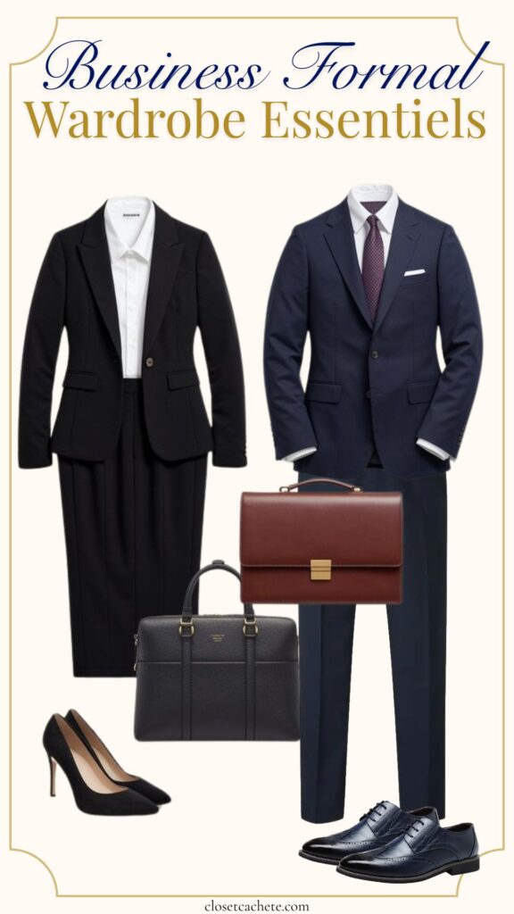 The image showcases essential business formal attire featuring a tailored black women's blazer paired with a white blouse and a black pencil skirt, alongside a navy blue men's suit with a white dress shirt and patterned tie. Footwear includes classic black high-heeled pumps and polished navy dress shoes, complemented by a structured brown leather briefcase and a black handbag, presenting a cohesive professional look.