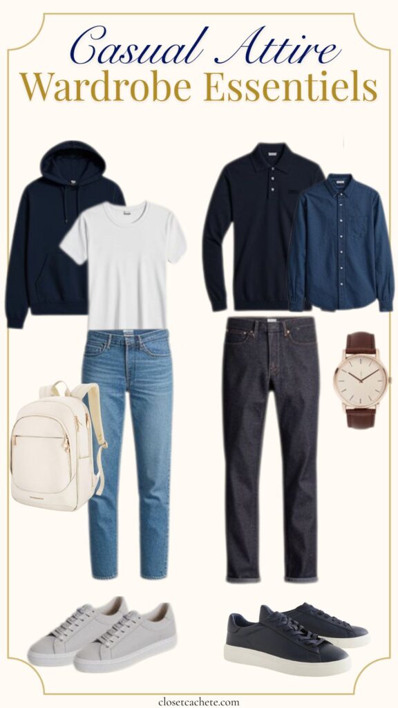 The image showcases a selection of casual attire essentials, including a navy hoodie, a white t-shirt, a navy polo, and a dark blue button-up shirt. Complementary items include light wash jeans, dark jeans, a cream backpack, a silver watch with a brown leather band, and two pairs of sneakers—one gray and one navy. This wardrobe collection emphasizes comfort and versatility for casual wear.