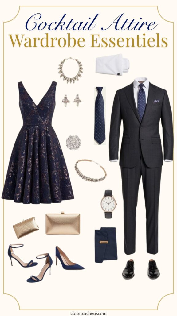 A dark navy cocktail dress with a flared skirt is paired with silver jewelry, including a statement necklace and earrings. Beside it, a tailored dark suit, complete with a light blue dress shirt and a polka-dot tie, is accented by stylish accessories like a gold clutch, sleek heels, and a classic watch. This ensemble embodies sophisticated cocktail attire suitable for formal gatherings.