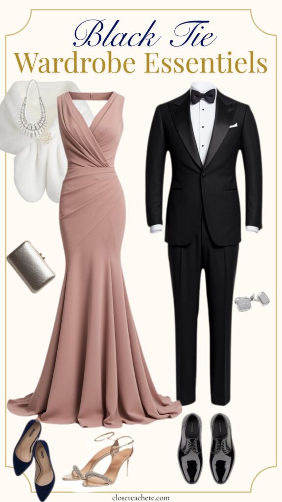 The image features a formal black tie wardrobe essentials layout, including a sophisticated mauve gown with draped detailing, a polished black tuxedo with white shirt and bow tie, sparkling strappy heels, elegant navy pumps, a silver clutch, and sleek black shoes with a shiny finish. Accessories include a statement necklace and cufflinks, highlighting a refined, elegant style appropriate for formal events.