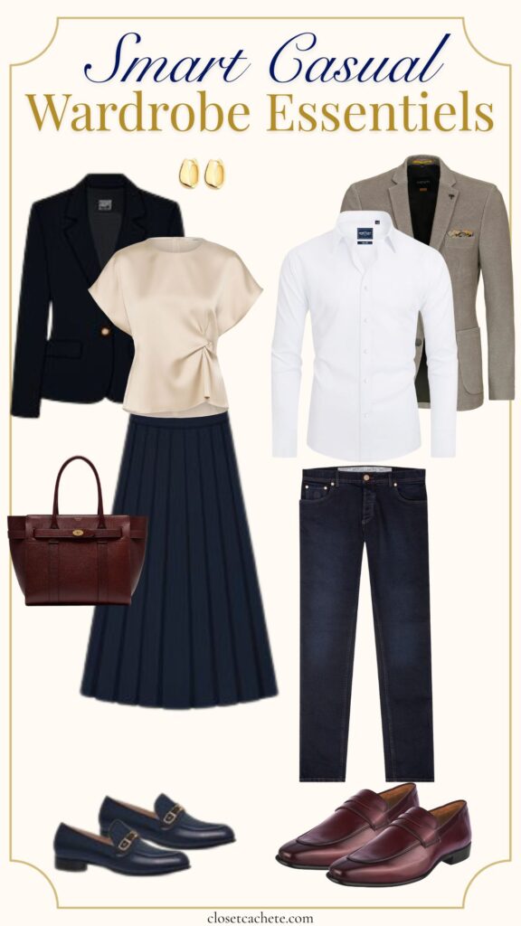 A smart casual wardrobe features a tailored navy blazer, a soft beige blouse with a draped design, and a pleated navy skirt. Complementing this are crisp white and light grey dress shirts, along with dark denim trousers and polished shoes in rich hues. Accessories include a burgundy tote bag and gold hoop earrings, enhancing the overall sophisticated look.