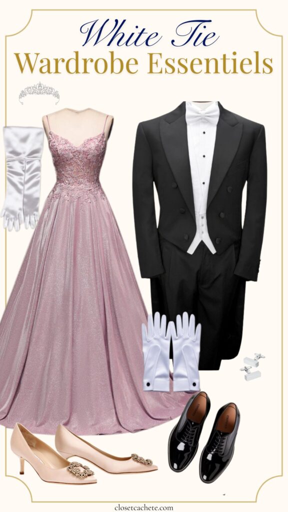 A sparkling pink ball gown with intricate floral detailing is paired with elegant white gloves, a classic black tailcoat, and a white shirt adorned with a bow tie. Accompanying this ensemble are stylish nude heels featuring a decorative buckle and polished black formal shoes. The arrangement encapsulates essential attire for a white tie event, emphasizing formal elegance.