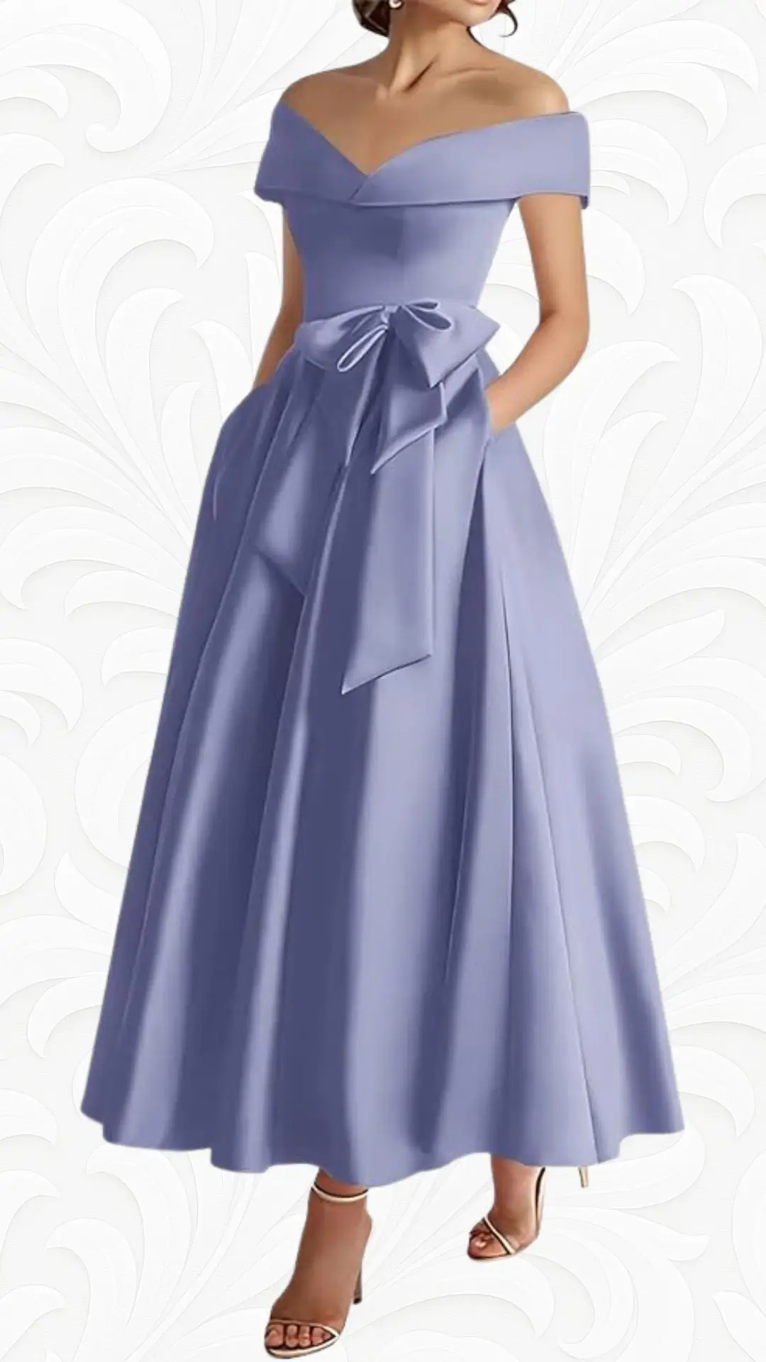 A lilac A-line wedding guest dress features an off-the-shoulder neckline and a fitted bodice, flowing into a full skirt with pockets. The dress is cinched at the waist with a bow detail, enhancing its elegant silhouette. It is paired with strappy high-heeled sandals for a complete look.
