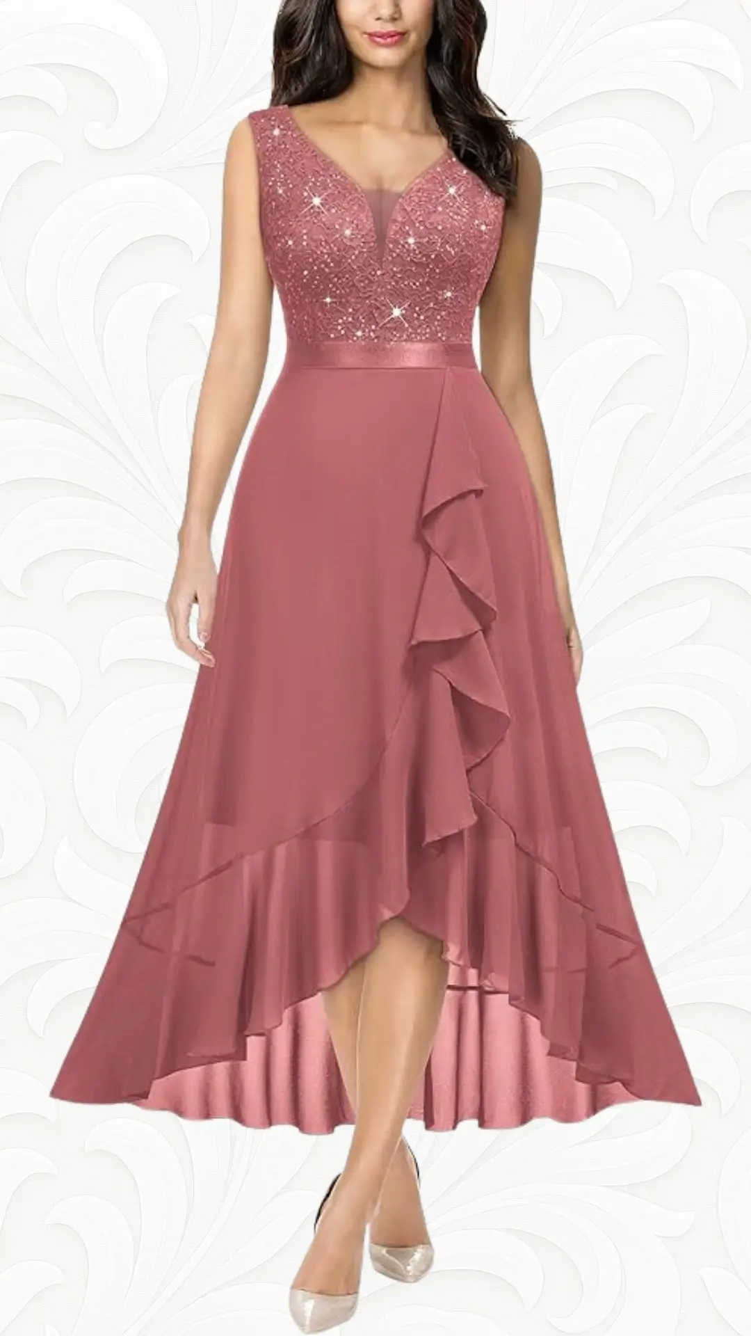 A-line spring wedding guest dress in a soft rose hue features a V-neckline adorned with delicate sparkling embellishments. The dress flows elegantly with layered ruffles cascading from the waist to the hem, showcasing a high-low cut that adds a touch of sophistication. Paired with stylish pointed-toe heels, it creates a graceful silhouette perfect for special occasions.